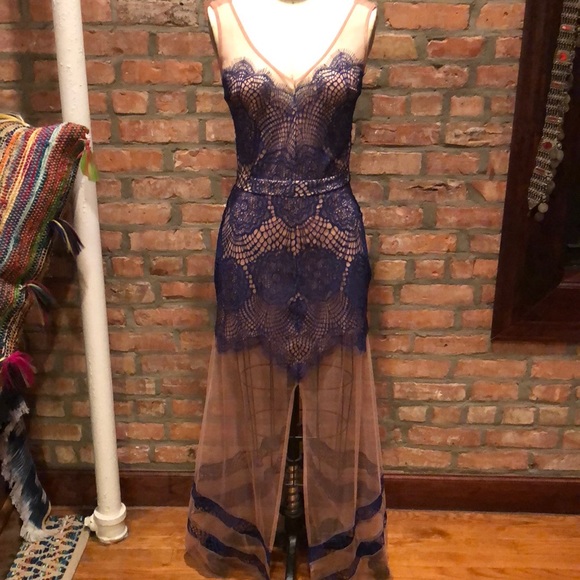 For Love And Lemons Dresses & Skirts - For Love and Lemons Nude with Blue Lace overlay